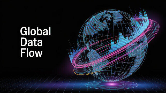 Abstract digital globe with glowing network connections and data streams, representing global data flow and connectivity in a futuristic digital world