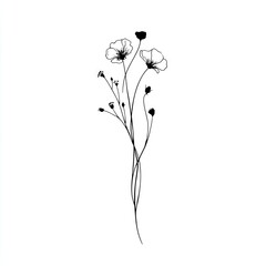 A delicate arrangement of stylized flowers and foliage, creating a minimalist and elegant design in black silhouette against a pure white background.
