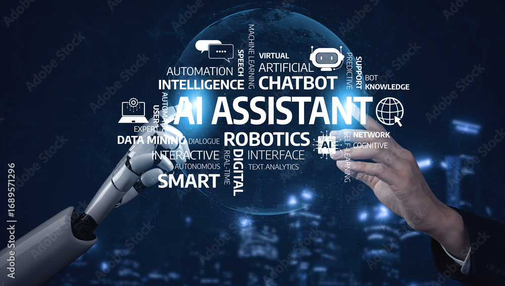 Poster a visually striking representation of ai assistant technology, showcasing the synergy between human 