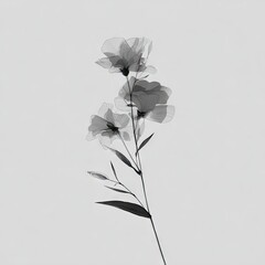 A delicate grayscale illustration of a flowering stem, featuring intricate floral details against a light background.