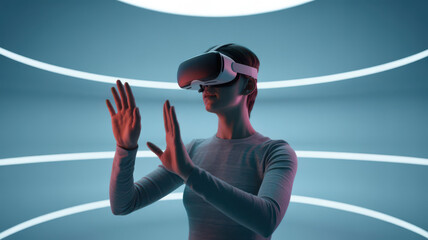 Woman wearing vr headset interacting with virtual environment, hands raised in gesture control, surrounded by futuristic light curves