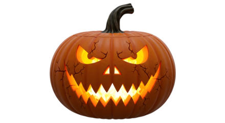 A single, large, menacing jackolantern with a carved scary face and glowing interior, isolated on transparent background