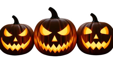 Three carved halloween pumpkins with glowing faces, isolated on transparent background