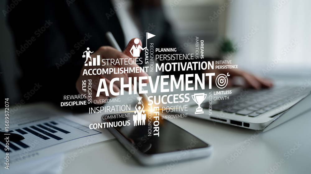 Poster a modern business scene depicting key concepts of achievement and motivation, featuring various term