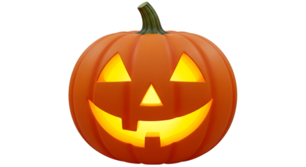 A single carved halloween pumpkin with a happy glowing face, isolated on transparent background