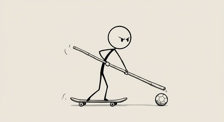 Determined Stick Figure Skateboarder Engages in Intense Soccer Ball Control with Bamboo Pole