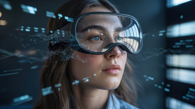 Closeup portrait of a young woman with brown hair wearing a sleek virtual reality headset, looking intently with digital data streams around her - Powered by Adobe