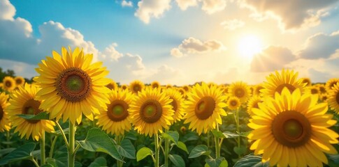 A vibrant, sun-drenched field of sunflowers bursts with joyful energy, representing a cheerful and abundant opportunity Perfect for themes of optimism and potential , dazzling, blossom