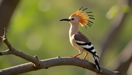 Hoopoe displaying crest feathers while perched on branch 