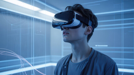 A young man wearing a virtual reality headset, immersed in a futuristic digital world with glowing blue lines and data streams