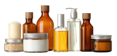 Various glass and metal containers of different sizes and colors, likely holding beauty products