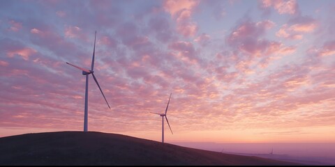 Scenic landscape with windmills and dramatic evening clouds

