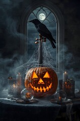 Motorized Raven and Jack-o-lantern under a full moon. Dark Gothic Surreal Scene.