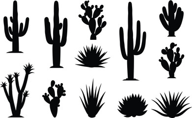 Set of Cactus and Agave Silhouettes – Desert Plant Vector Icons for Nature, Botanical, Tropical Garden, or Western Landscape Design Use