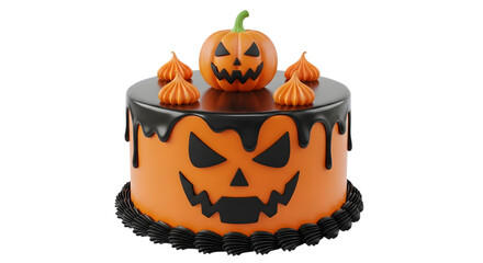 A festive halloween cake decorated with a carved pumpkin face and black icing drips, isolated on transparent background