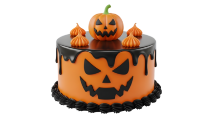 A festive halloween cake decorated with a carved pumpkin face and black icing drips, isolated on transparent background