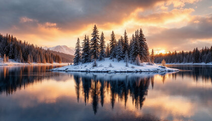 Fototapeta premium Snowy pine island reflected in calm sunset lake 
