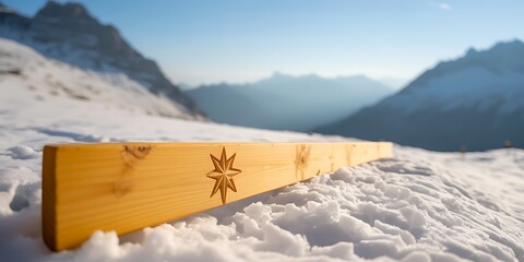 Fototapeta premium Wooden beam with a star carving placed on a snow covered surface with a stunning mountain backdrop under a clear and bright sky.