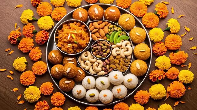 Assorted Indian sweets ladoo and dry fruits on a platter decorated with marigold flowers for festival Navratri