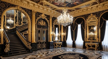 Obraz premium A grand hall with opulent black and gold decor boasts intricate details, featuring a sweeping staircase and elaborate crystal chandeliers.