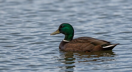 Obraz premium Mallard drake gracefully glides across reflective waters in natural pond environment scene