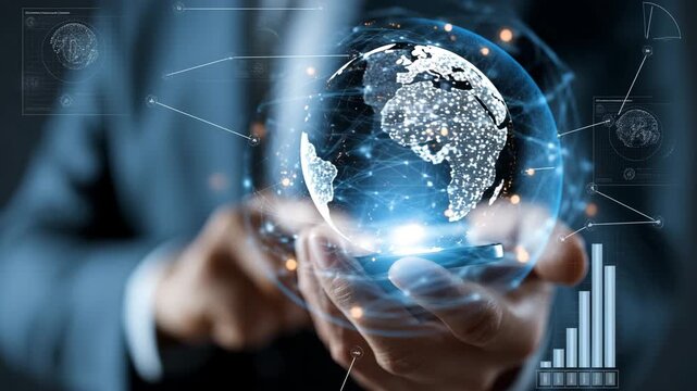 Futuristic holographic globe with digital network emerging from smartphone