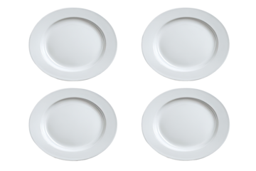 Four round white plates arranged in a grid.  Each plate has a slightly raised edge