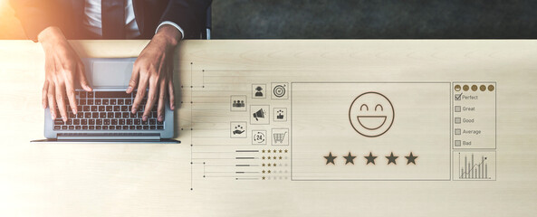Customer feedback and satisfaction rating system showing star review, happy face, performance...
