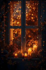 Warm autumn evening decor with shining lights on the windowsill.