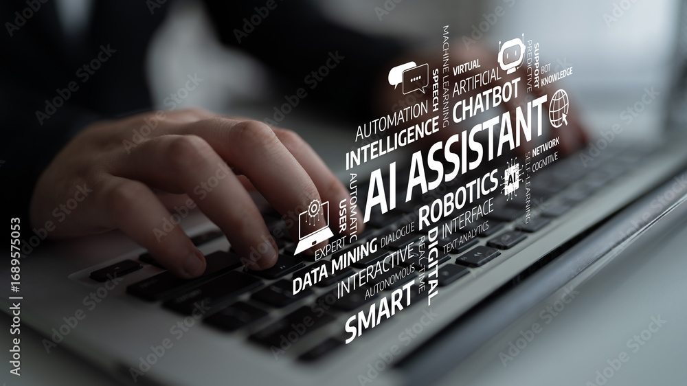 Poster a close-up image of hands typing on a laptop keyboard surrounded by graphical elements representing 