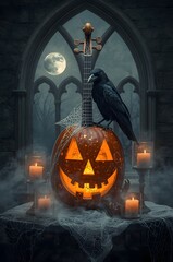 Black raven sits on a jack-o'-lantern next to a gothic window, candles and a full moon. Mystical and Halloween atmosphere.
