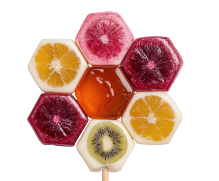 Hexagonal fruit-flavored lollipop, a colorful flower-shaped confection