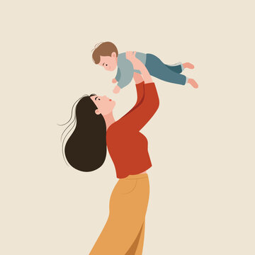 A loving mother playfully lifts her happy baby into the air, symbolizing joy and a strong maternal bond.