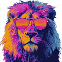 A vibrant lion portrait, wearing trendy sunglasses reflecting a sunset, showcases a bold color palette and artistic style.