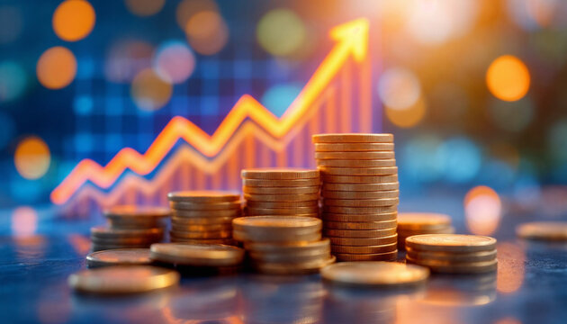 Stacks of coins with upward-trending financial chart against bokeh lights