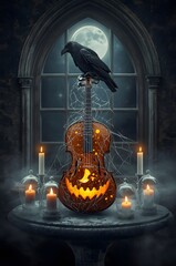 A dark gothic surreal scene with a crow, a pumpkin and candles.