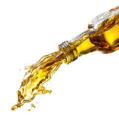 Golden liquid pouring from a bottle, creating a dynamic splash