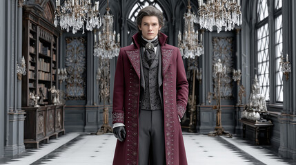 Stylish man in burgundy Victorian coat standing in luxurious palace hall with chandeliers and ornate decor, symbolizing aristocracy, dark fantasy, power, and historical elegance