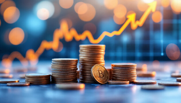 Stacks of coins with upward-trending financial chart against bokeh lights - Powered by Adobe