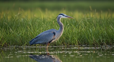 Naklejka premium Great Blue Heron in Wetland Habitat.