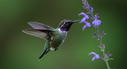 Fototapeta premium Hummingbird Feeding on Purple Flower.