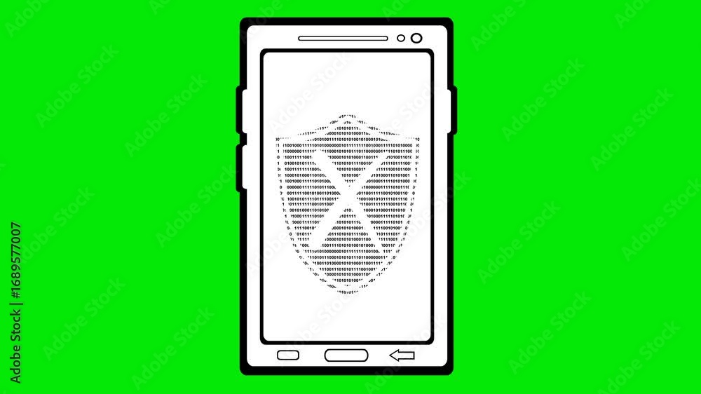 Poster video animation drawing black and white mobile phone shield and cross designed with numbers 0 and 1 