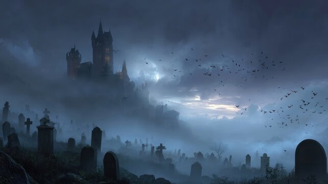 Misty castle atop hill looms over a graveyard under a cloudy, moonlit, ominous sky