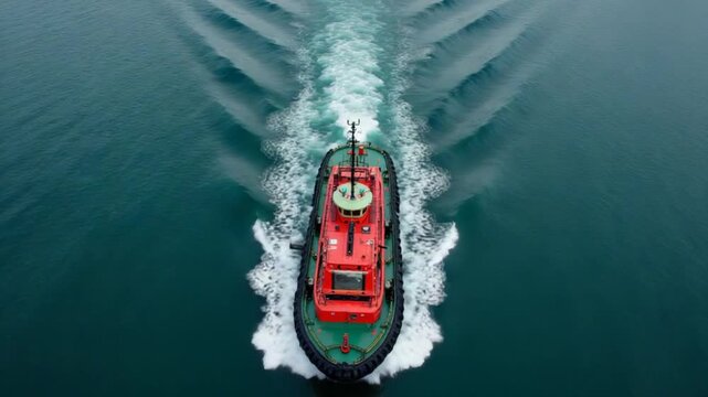 Drone view of the a tugboat in motion