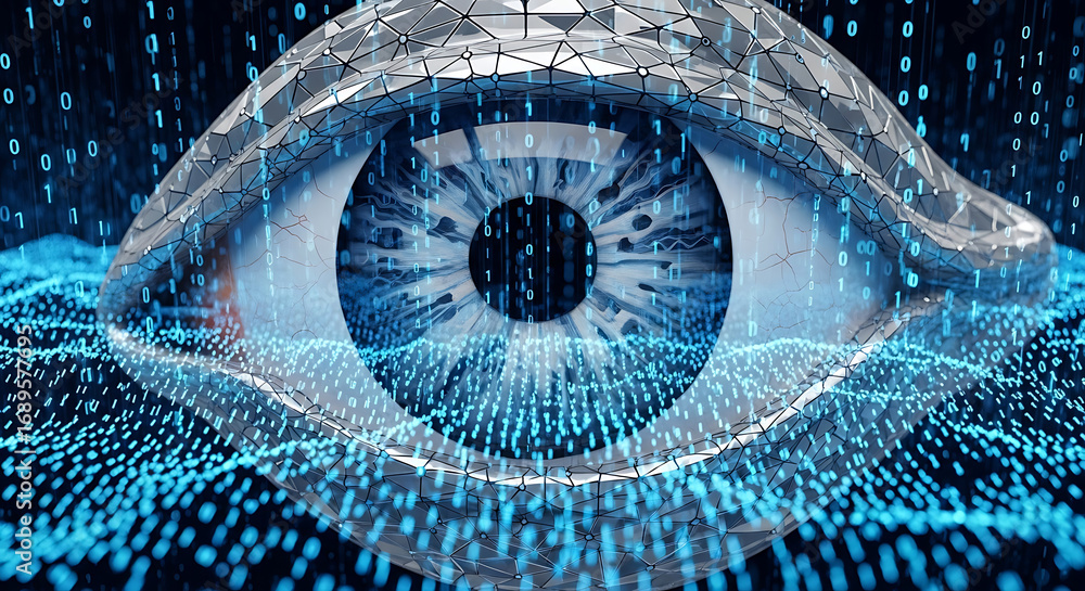 Aufkleber a digital eye with binary code overlay, showcasing technology and futuristic concepts in blue hues a