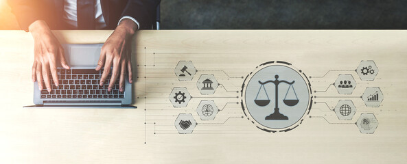 Futuristic digital law interface displaying justice scale, highlighting digital law, AI compliance,...
