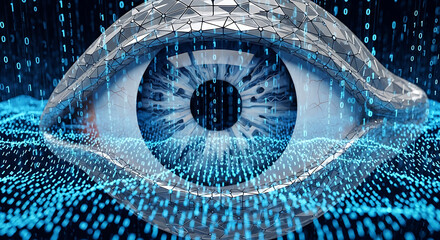 A digital eye with binary code overlay, showcasing technology and futuristic concepts in blue hues ai generated