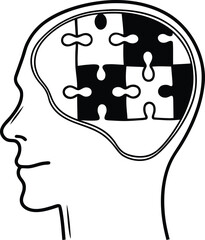 Head with jigsaw puzzle pieces symbolizing creative thinking and a new idea