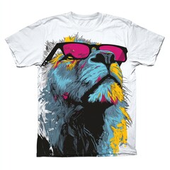 Vibrant graphic print of a lion's head wearing sunglasses on a white t-shirt.