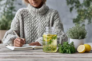 Woman in cozy knit sweater writing in journal beside jar of lemon mint water and fresh herbs, symbolizing self-care, wellness, slow living, creativity, and healthy natural lifestyle